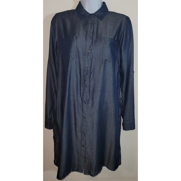 Haute Monde Blue Chambray Shirt Mini Dress Small A-Line Hidden Pockets Soft - Picture 1 of 7